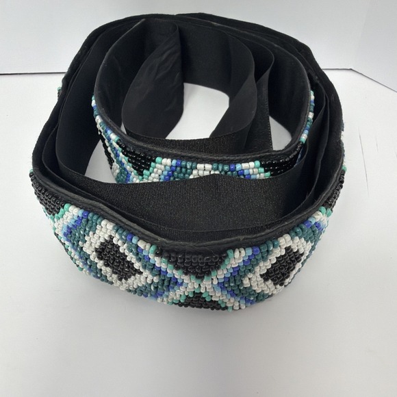 WHITE HOUSE BLACK MARKET Blue Black Green Glass Beaded Tie Belt M/L - Picture 2 of 7